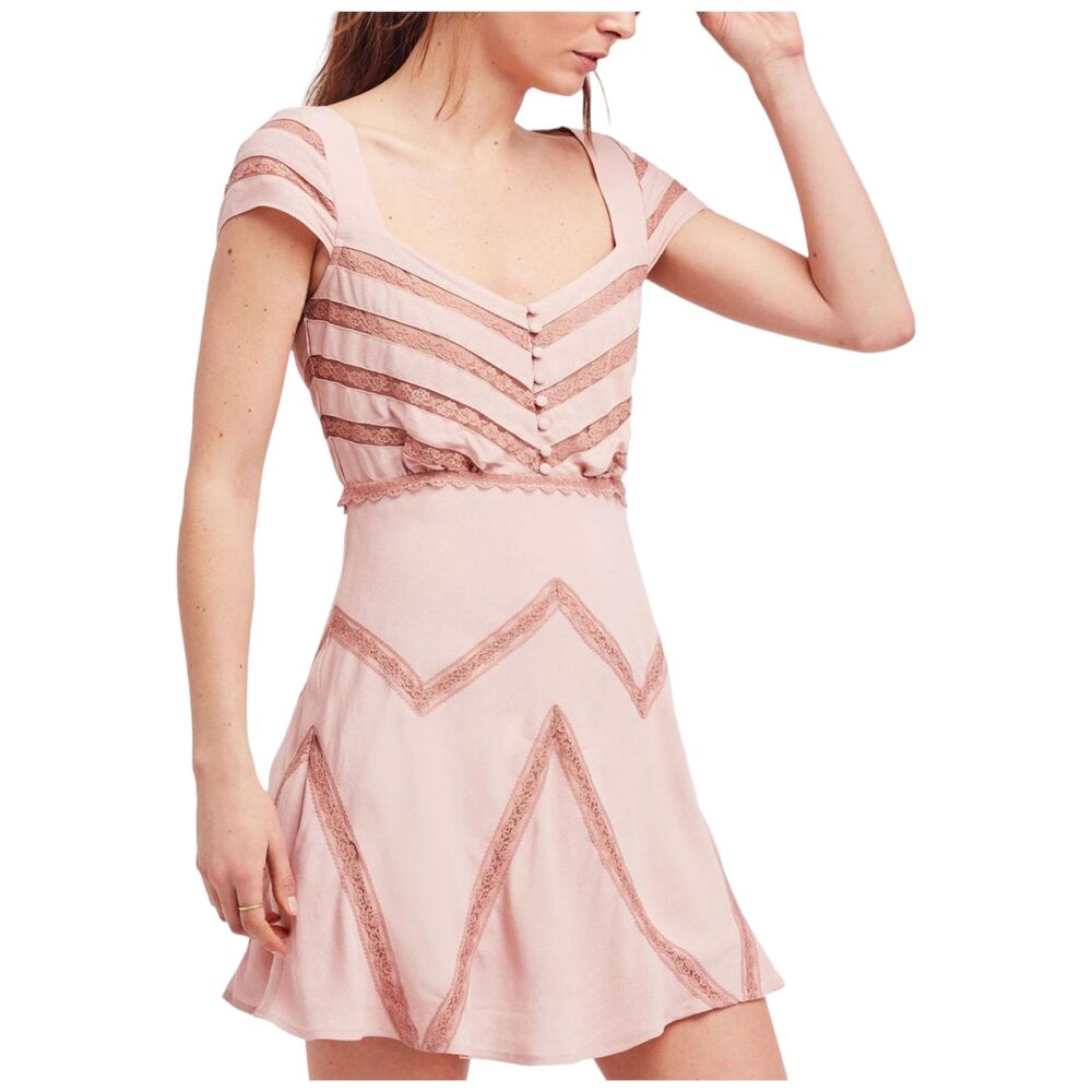 New FREE PEOPLE Dusty Toasted Mink Pink Elle Striped A-Line Mini Dress 4 Small